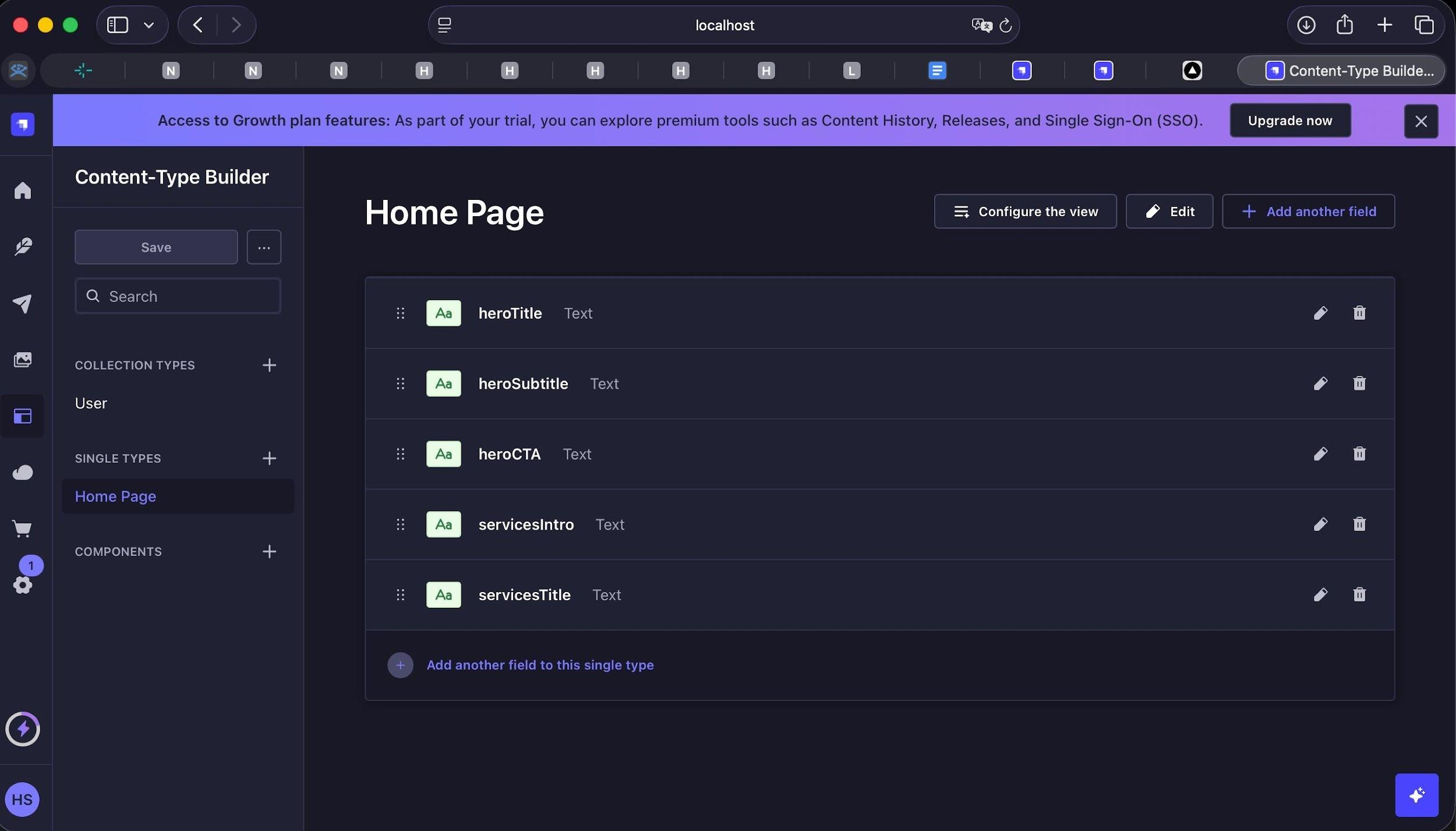 Strapi Content-Type Builder showing Home Page with 5 localizable fields