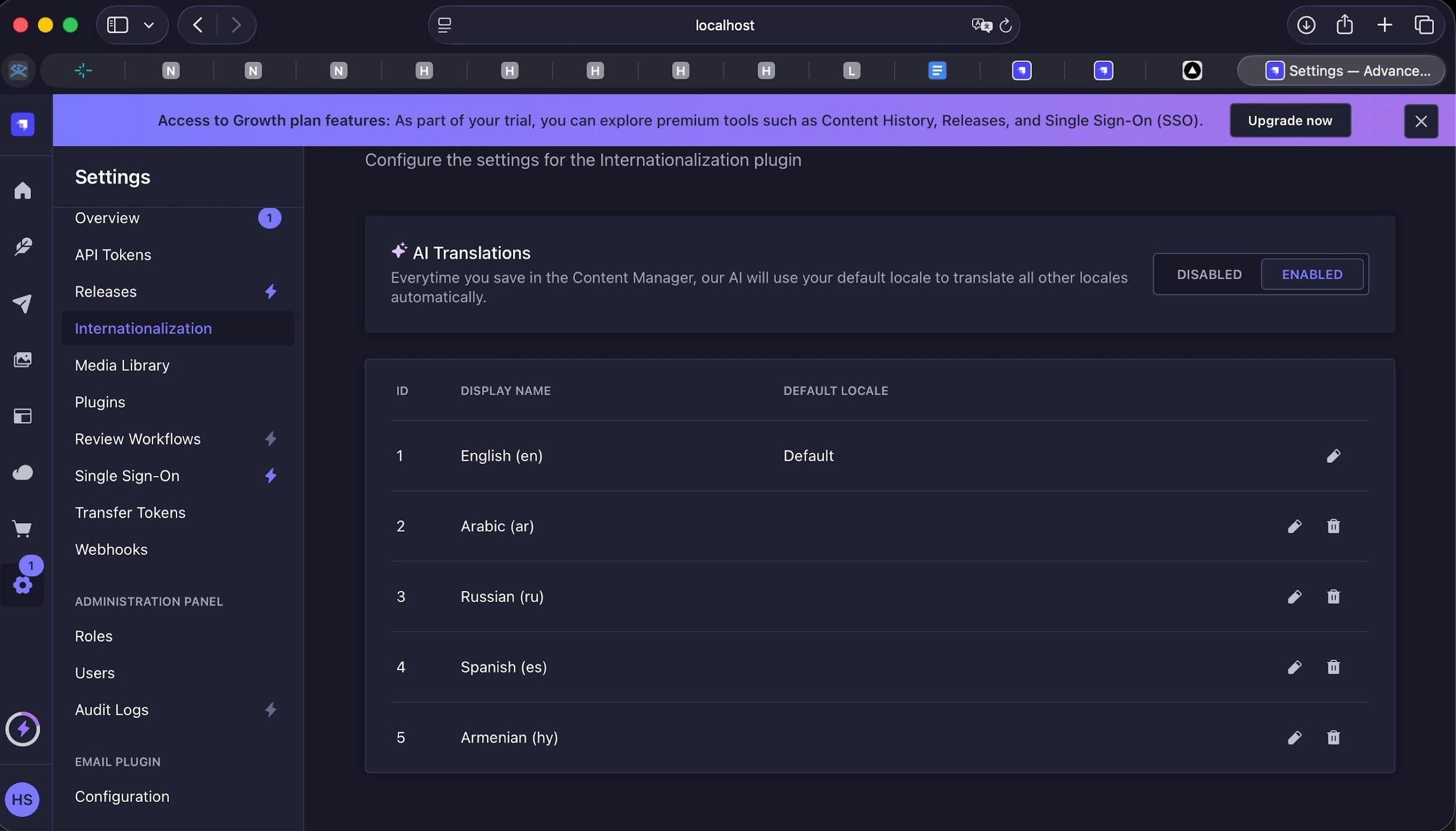 Strapi Settings › Internationalization: 5 locales + AI Translations enabled