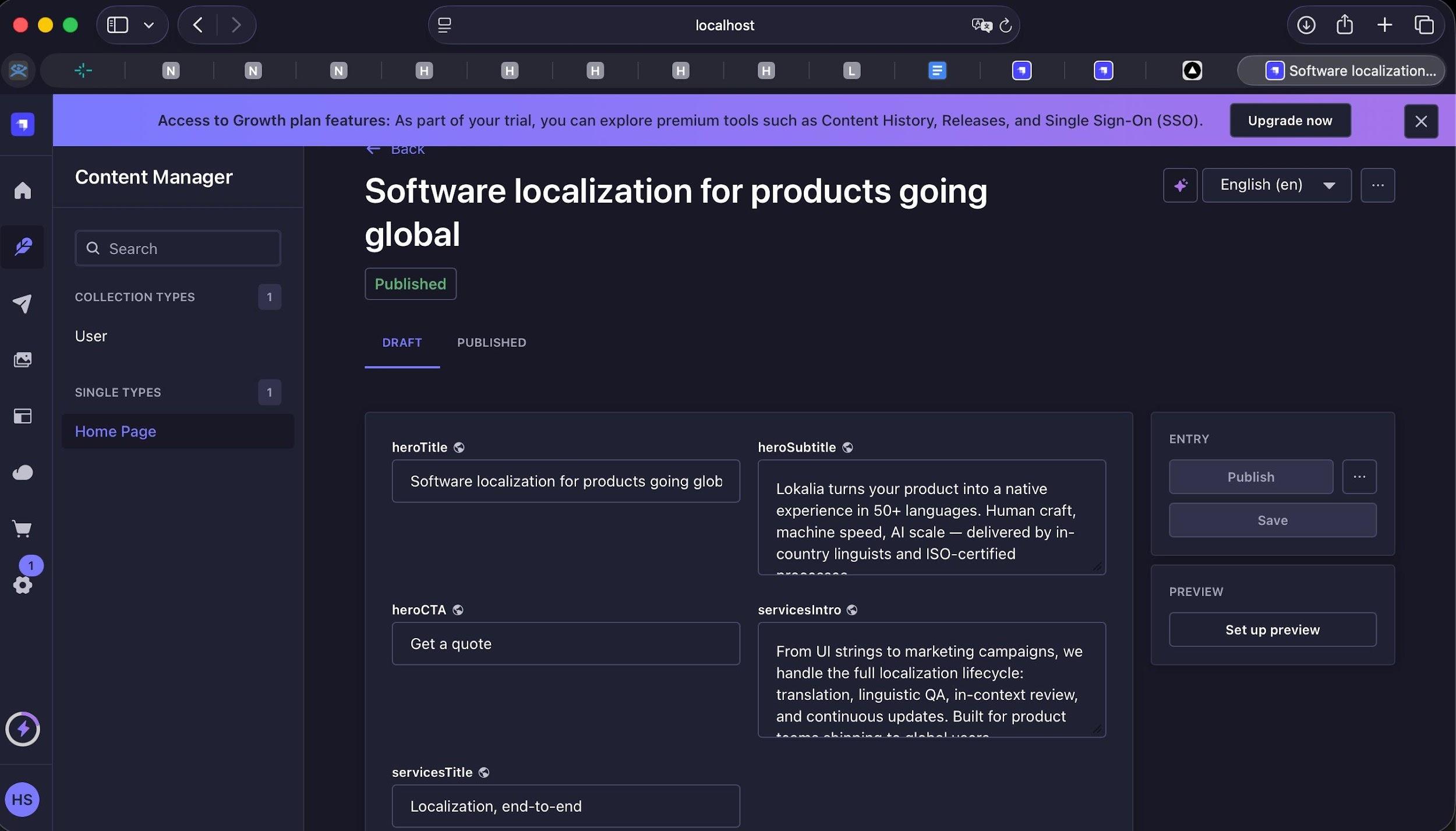 English content — Published status in Strapi Content Manager